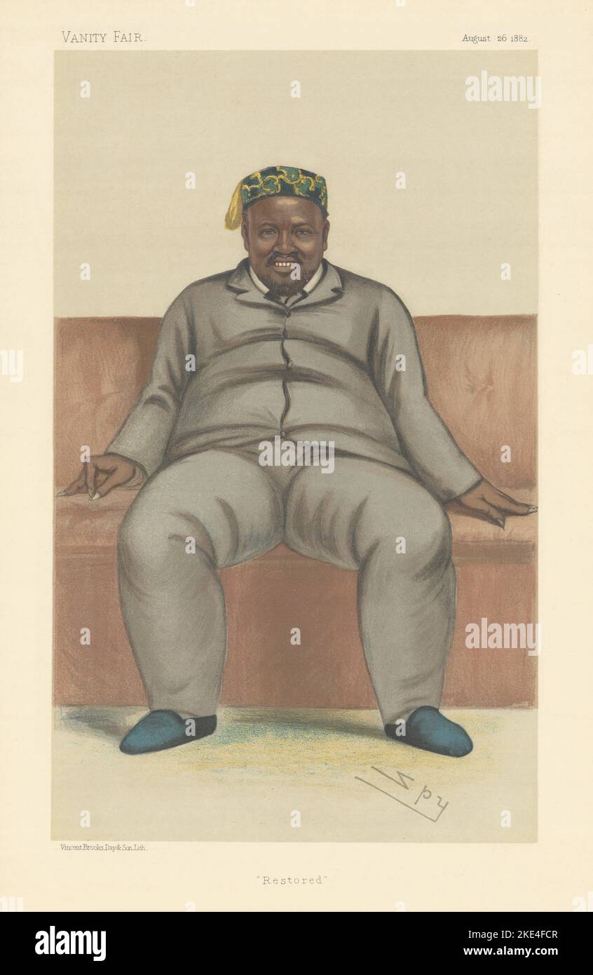 EITELKEIT FAIR SPIONAGE CARTOON Zulu König Cetawayo kaMpande 'restauriert' Südafrika 1882 Stockfoto