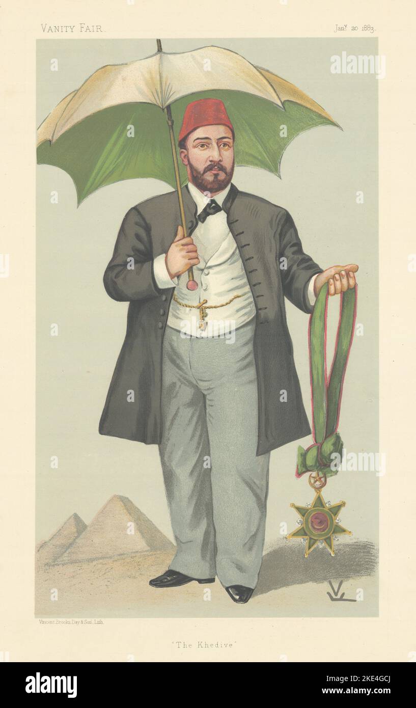 EITELKEIT FAIR SPIONAGE CARTOON HH Tewfik Pasha 'The Khedive' Ägypten. By FV 1883 Print Stockfoto