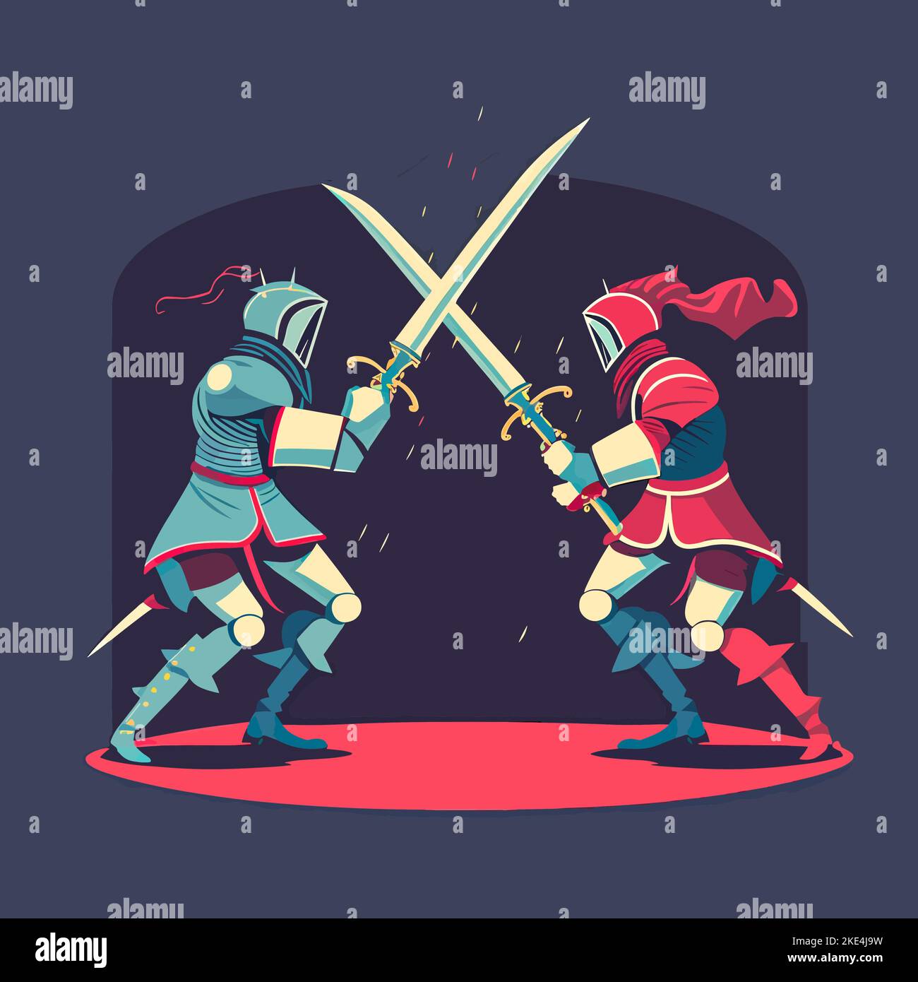 Die beiden Ritter in Rüstungen, die Schwerter kreuzen. Stock Vektor