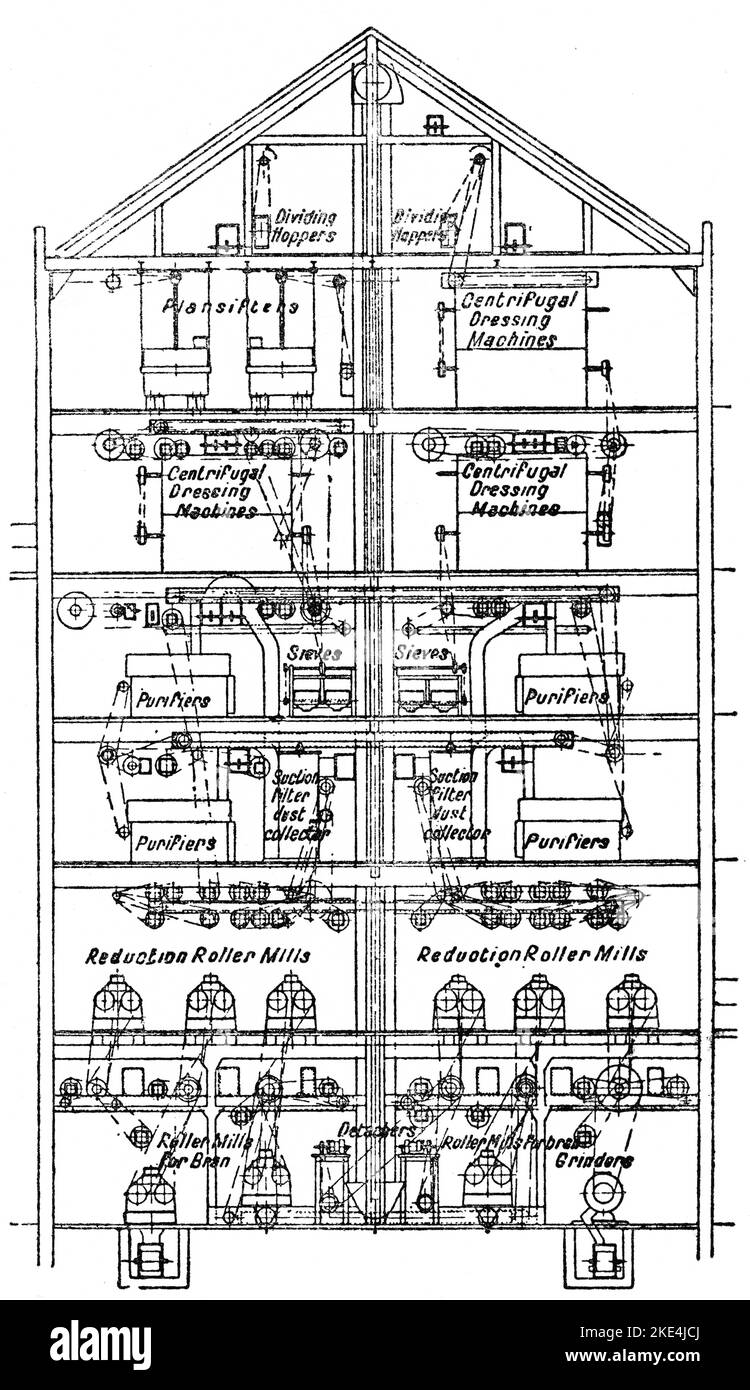 Ein Schnittdiagramm der Millennium Mills, Royal Victoria Docks, London, c1920. Das ursprüngliche Millennium Mills-Gebäude wurde 1905 von William Vernon & Sons als Getreidemühle entworfen und gebaut. Stockfoto