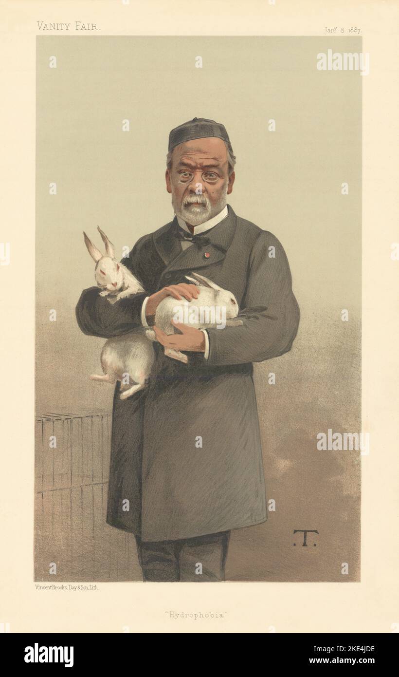 EITELKEIT FAIR SPION CARTOON Louis Pasteur 'Hydrophobie' Impfung 1887 alten Druck Stockfoto