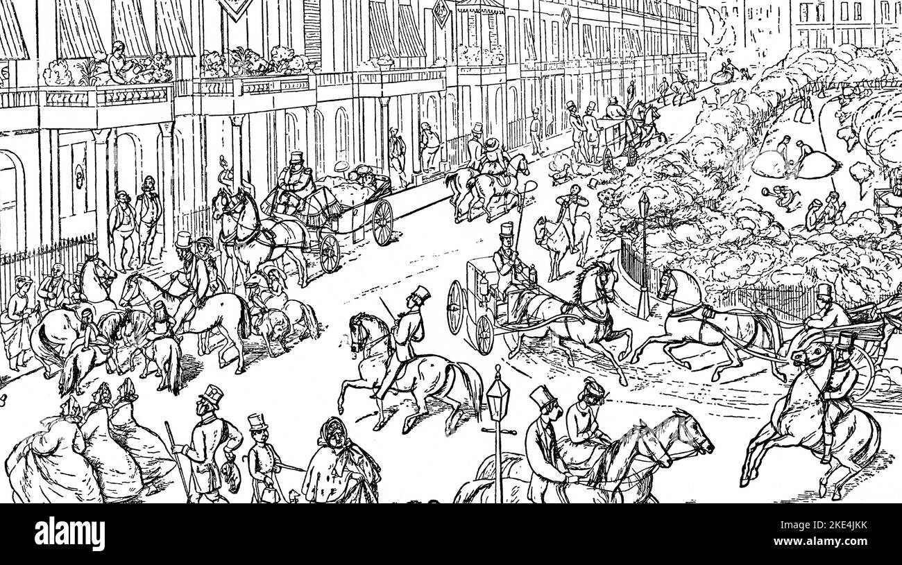 Blick auf Belgrave Square, London, 1864. Von Richard Doyle (1824-1883). Aus Doyles „Bird's Eye Views of Society“. Doyle’s Bird’s-Eye Views of Society erschien zwischen April 1861 und Oktober 1862 in Serienform im Cornhill Magazine. Stockfoto