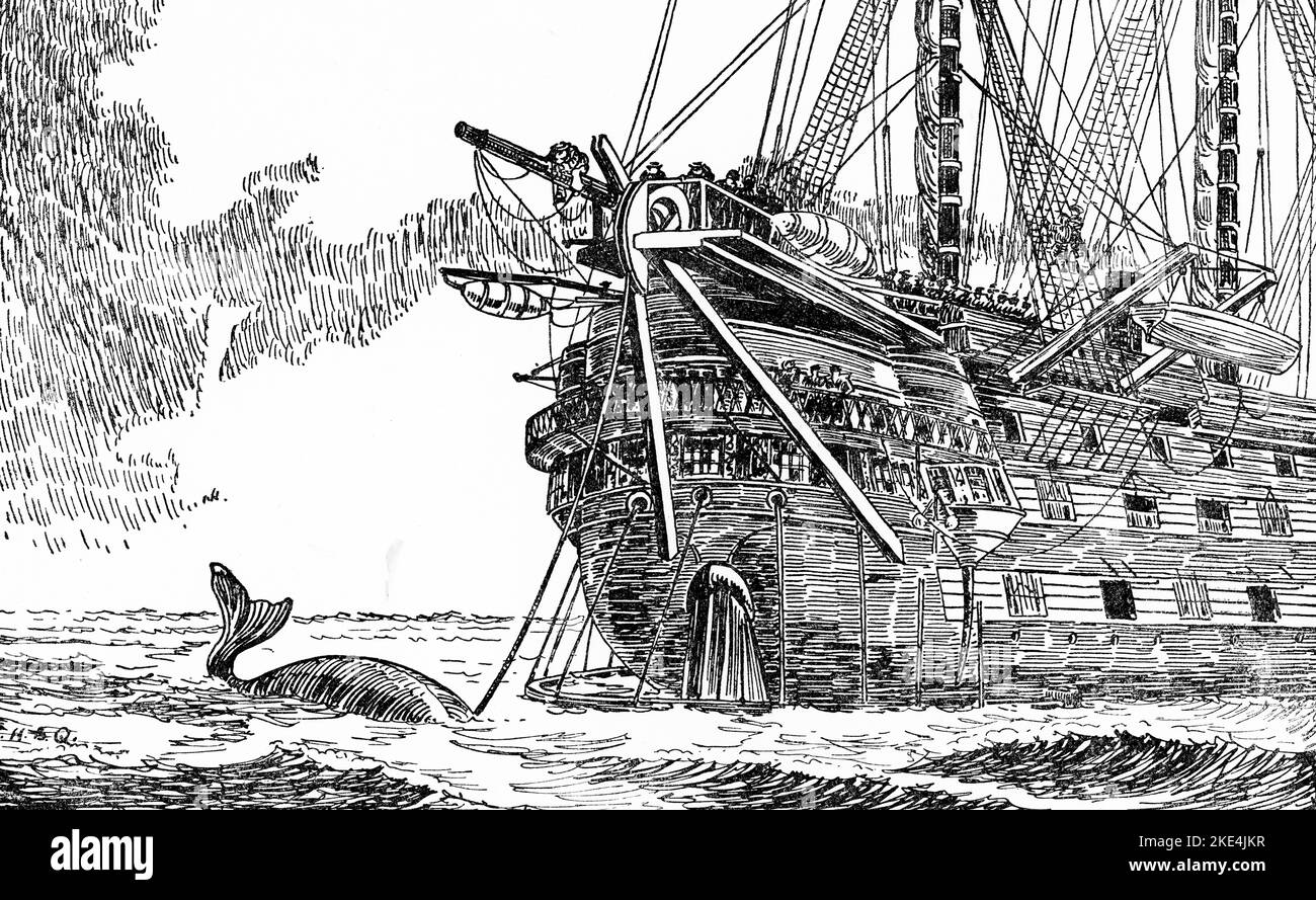 H.M.S. Agamemnon Legen des Atlantic Telegraph Cable im Jahr 1858: Ein Wal überquert die Linie. Nach Robert Charles Dudley (1826-1909). Im Jahr 1857 statte die britische Regierung Agamemnon aus, um 1.250 Tonnen Telegraphenkabel für den ersten Versuch der Atlantic Telegraph Company, ein transatlantisches Telegraphenkabel zu verlegen, zu transportieren. Obwohl dieser erste Kabelversuch erfolglos war, wurde das Projekt im folgenden Jahr wieder aufgenommen und Agamemnon und ihr US-amerikanisches Pendant USS Niagara schlossen sich am 29.. Juli 1858 erfolgreich den Enden ihrer beiden Kabelabschnitte an. Stockfoto