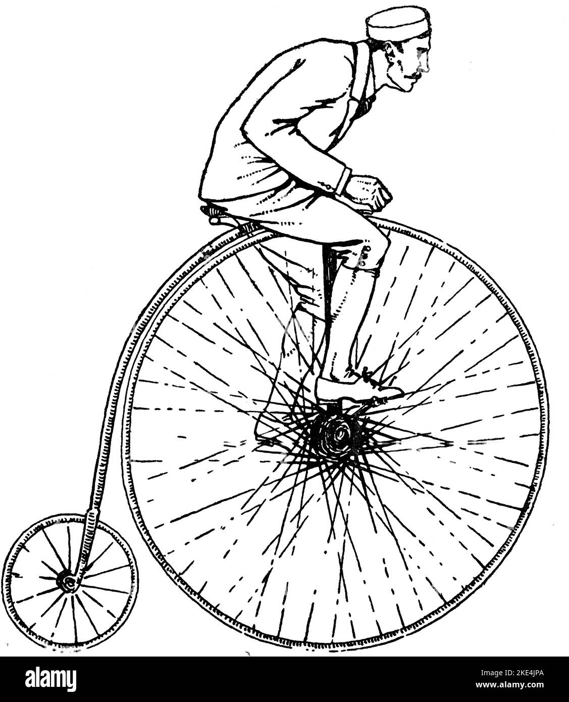 Ein Penny-Farthing von 1884 (1942). Das Penny-Farthing, auch bekannt als hohes Rad, hohes Rad oder gewöhnliche, ist eine frühe Art von Fahrrad. Er war in den Jahren 1870s und 1880s sehr beliebt, da sein großes Vorderrad hohe Geschwindigkeiten und hohen Komfort bietet. Mit der Entwicklung moderner Fahrräder wurde es Ende 1880s obsolet. Stockfoto