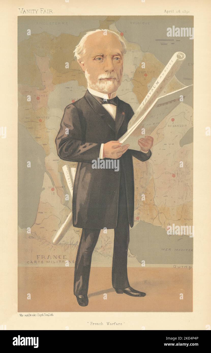 EITELKEIT FAIR SPIONAGE CARTOON Charles de Freycinet 'French Warfare'. GUTH 1891-Druck Stockfoto