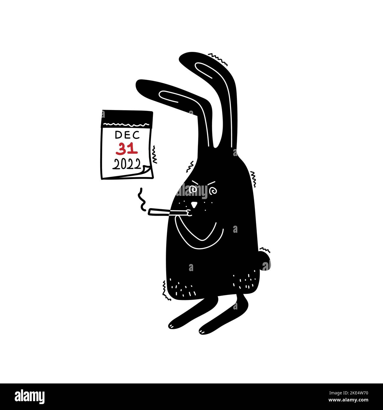 Cartoon schwarzes Kaninchen raucht eine Zigarette und handgezeichnet von Kalenderseite. Wütender und nervöser Hase. Symbol von 2023 Stock Vektor