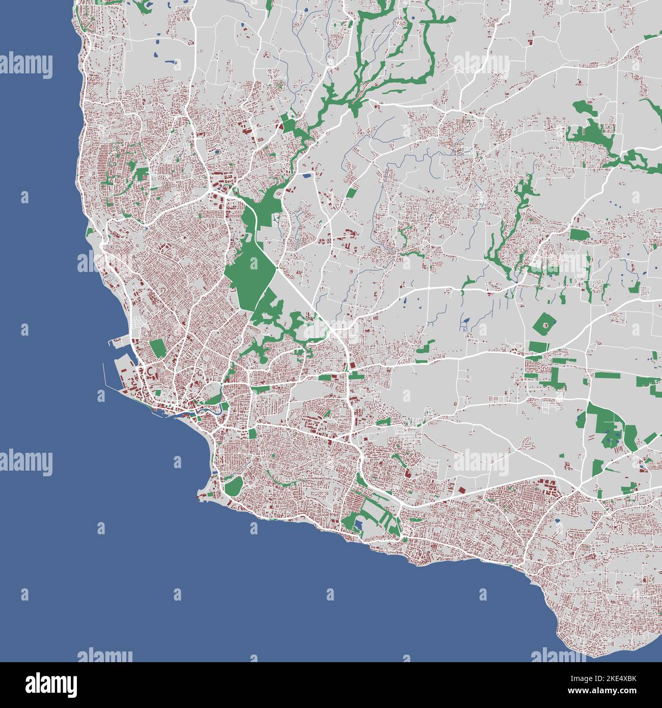 Karte von Barbados, karibischer Inselstaat. Bridgetown Strassenkarte mit Gebäuden, Meer und Wäldern, Städten und Straßen. Stock Vektor