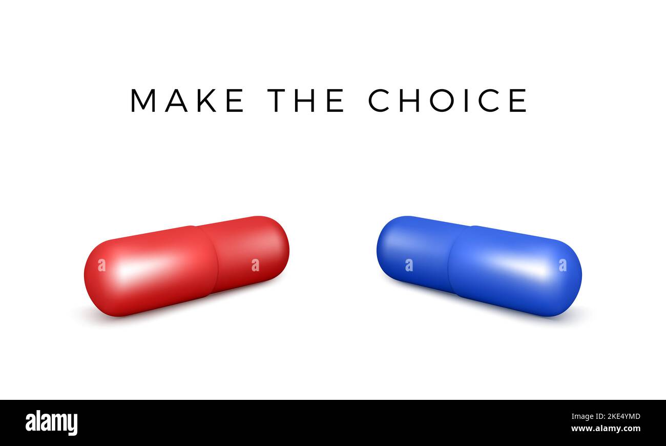 3D Rote und blaue Kapselmedikamente. Medizinische Tabletten im Matrix-Stil. Treffen Sie eine Wahl. Vektorgrafik isoliert auf Weiß Stock Vektor