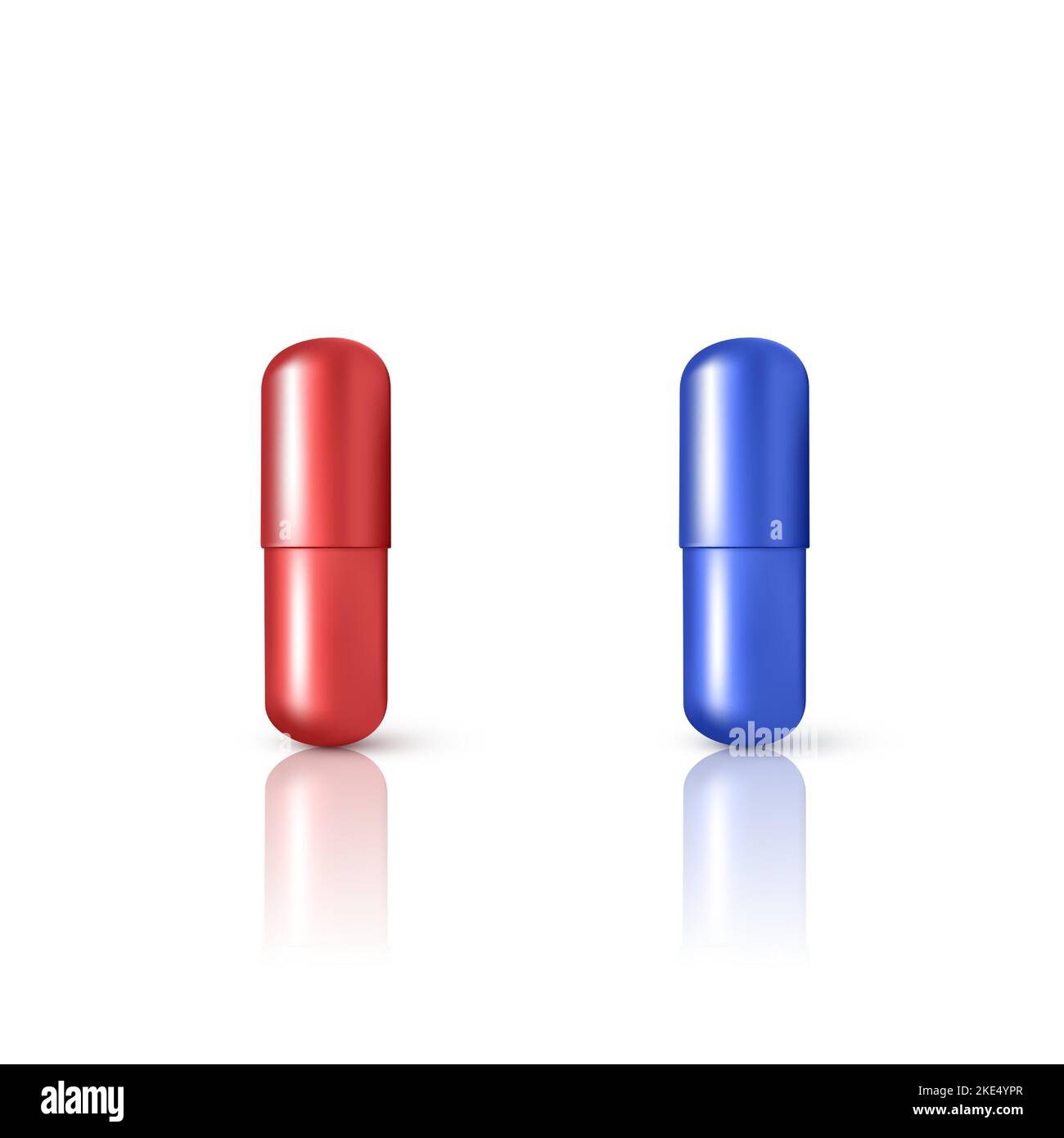 Medikamententabletten im Matrix-Stil. Rote und blaue 3D Tabletten. Vitaminkapseln mit Reflexion isoliert auf Weiß. Vektorgrafik Stock Vektor