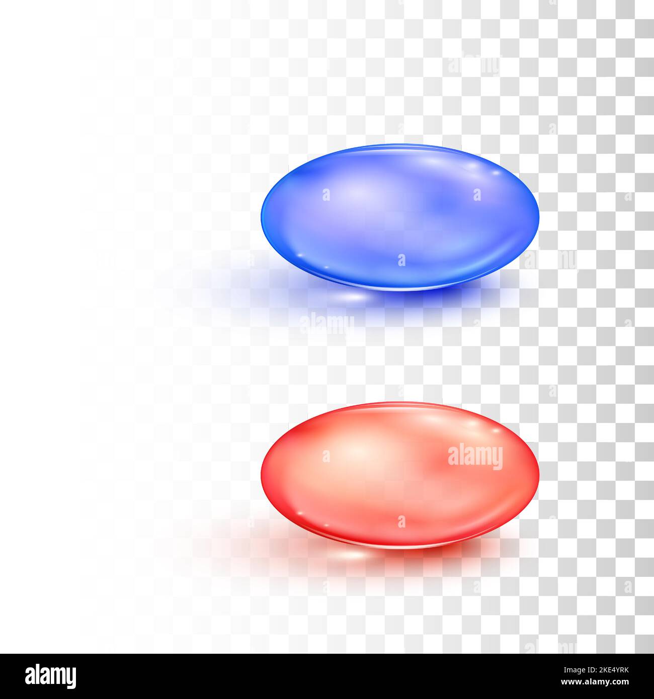 Rote und blaue runde transparente Pillen im Matrix-Stil isoliert auf transparentem Hintergrund. Konzept der Wahl. Kapseln für medizinische Medikamente. Vektorgrafik Stock Vektor