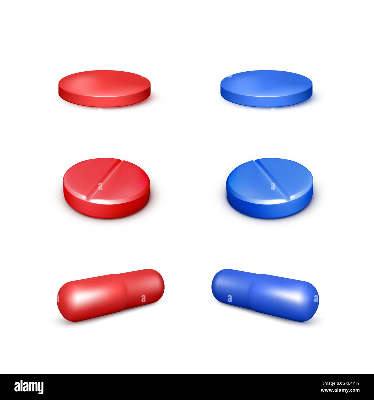 Set von roten und blauen Pillen im Matrix-Stil. 3D Darstellen von Medikamentenkapseln und Medikamenten. Vektorgrafik Stock Vektor