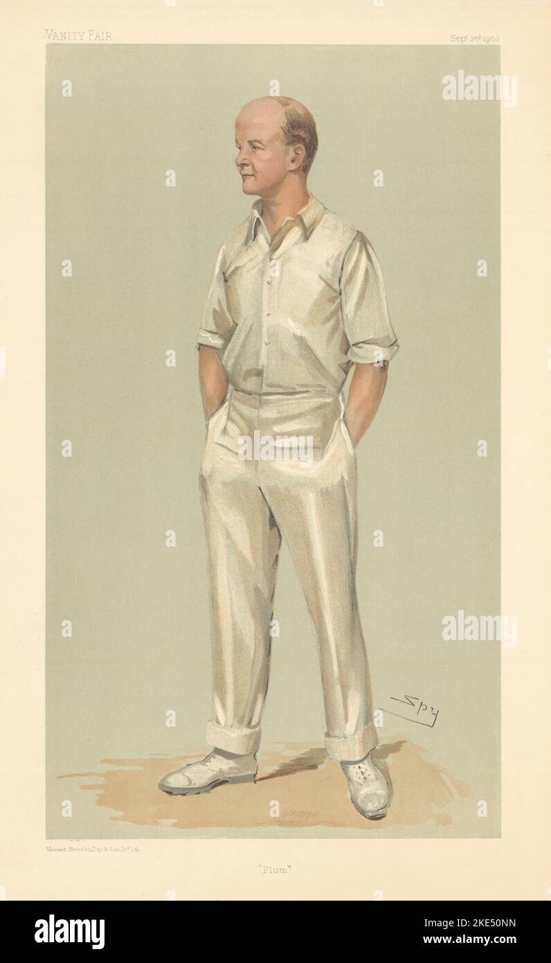 EITELKEIT FAIR SPIONAGE CARTOON Pelham Warner 'Plum' Cricket Whites 1903 alten Druck Stockfoto