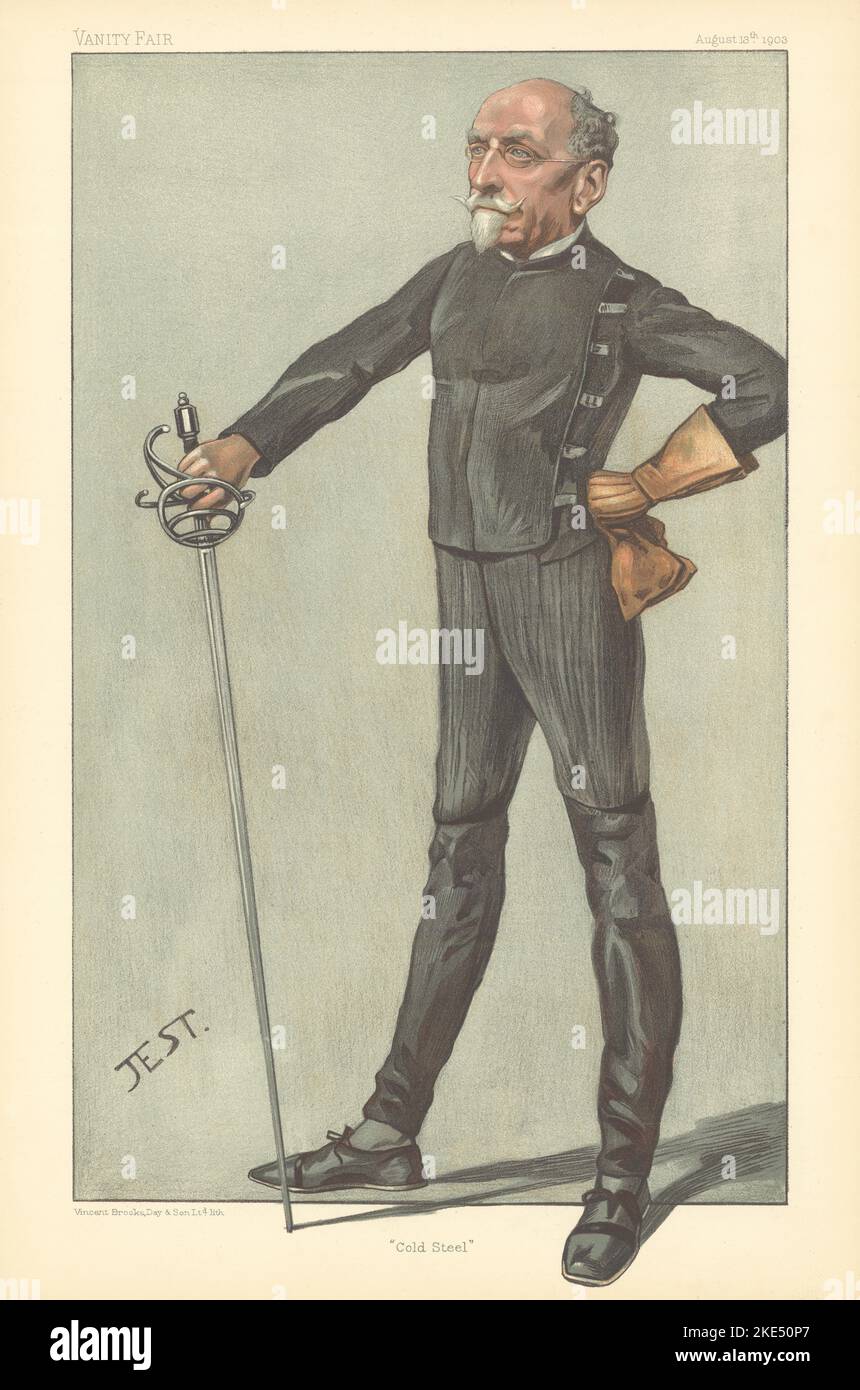 EITELKEIT FAIR SPIONAGE CARTOON Capt Alfred Hutton FSA 'Cold Steel' Fechten. Jest 1903 Stockfoto