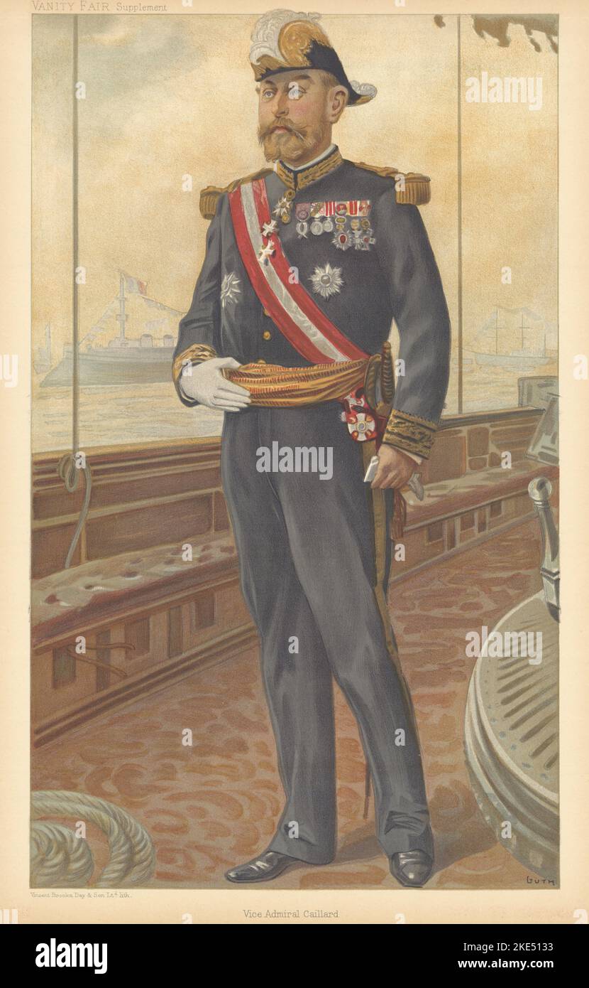 EITELKEIT FAIR SPIONAGE CARTOON 'Vize-Admiral Caillard'. Marine. Militär. GUTH 1905 Stockfoto