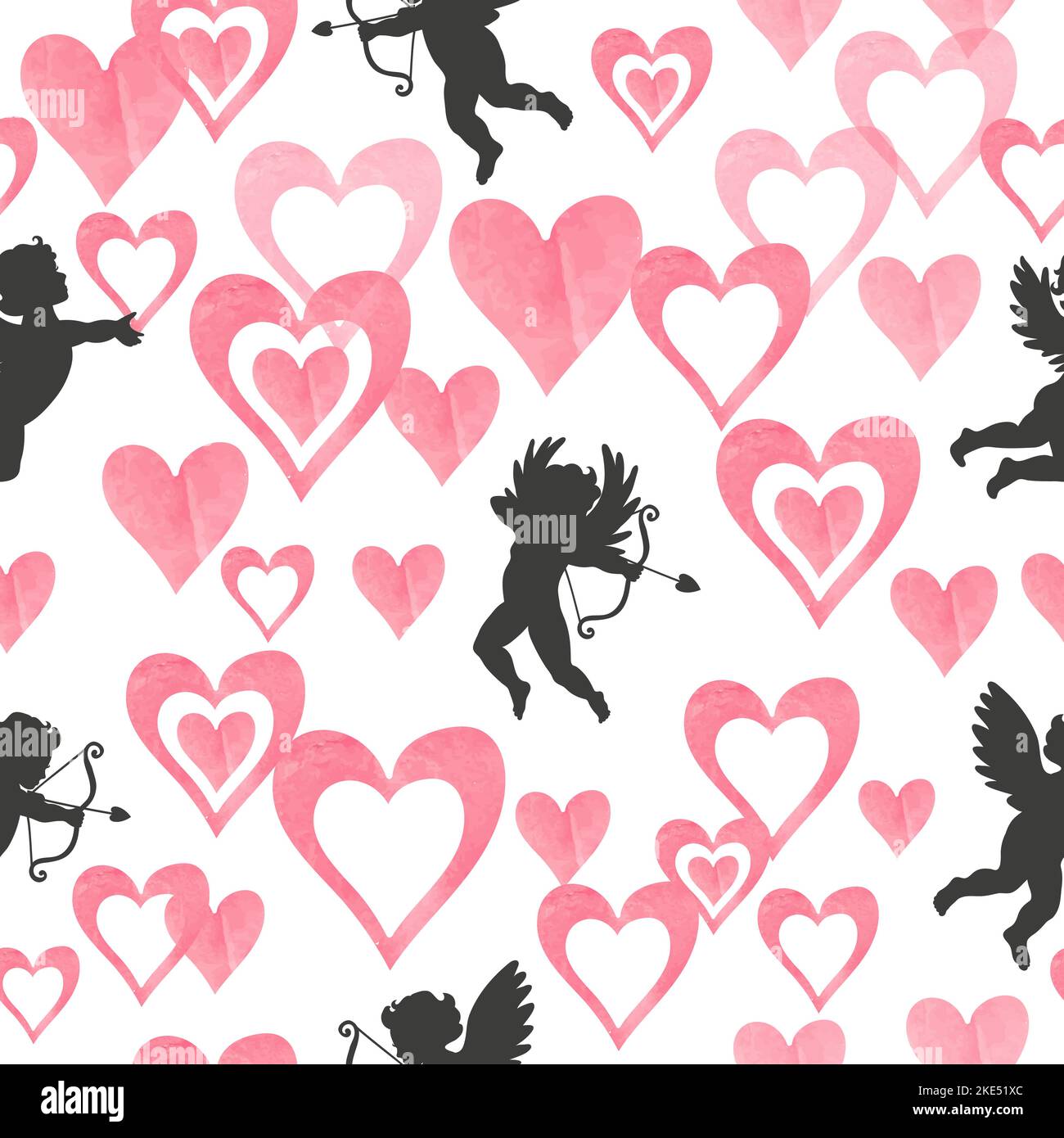 Valentinstag nahtloses romantisches Muster mit Cupids und rosa Herzen Stock Vektor