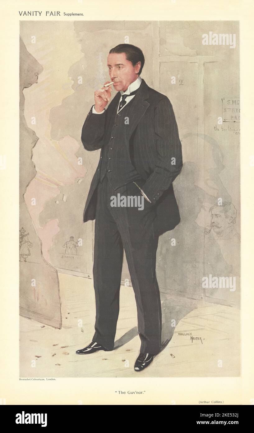 EITELKEIT FAIR SPIONAGE CARTOON Arthur Collins 'The GUV'nor'. Theaterautor 1910 Stockfoto