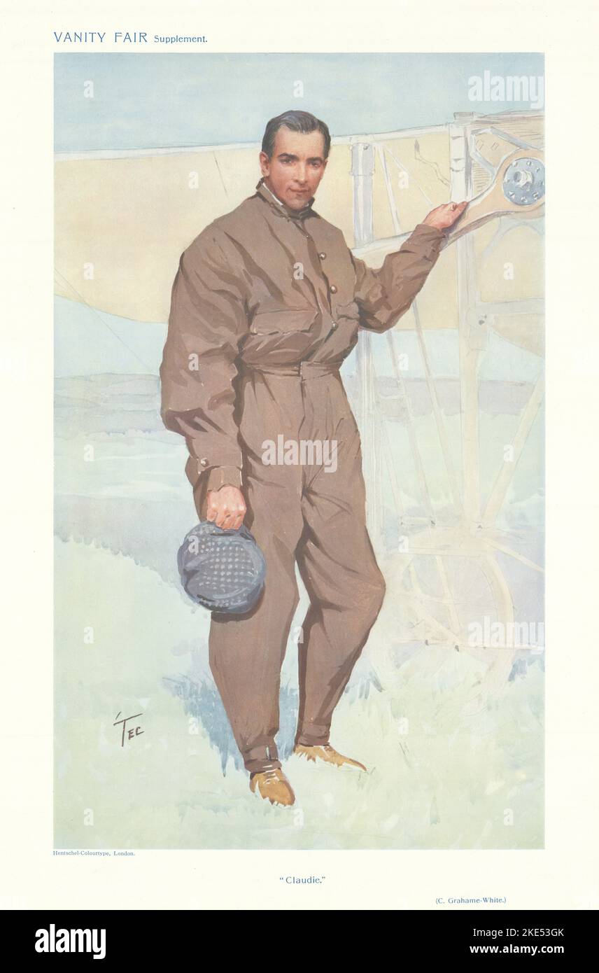 EITELKEIT FAIR SPIONAGE CARTOON Claude Graham-White 'Claudie' Aviation. Von Tec 1911 Stockfoto