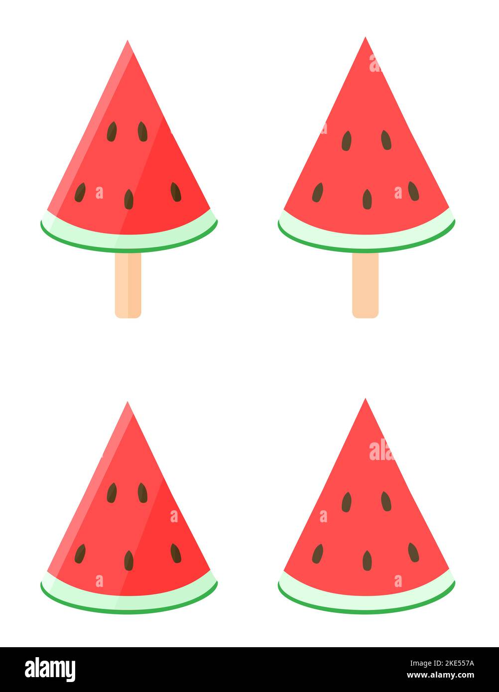 Scheiben Wassermelone auf einem Stock. Auf weißem Hintergrund. Scheiben von köstlicher Wassermelone mit Samen. Fruchteis. Vektor Stock Vektor