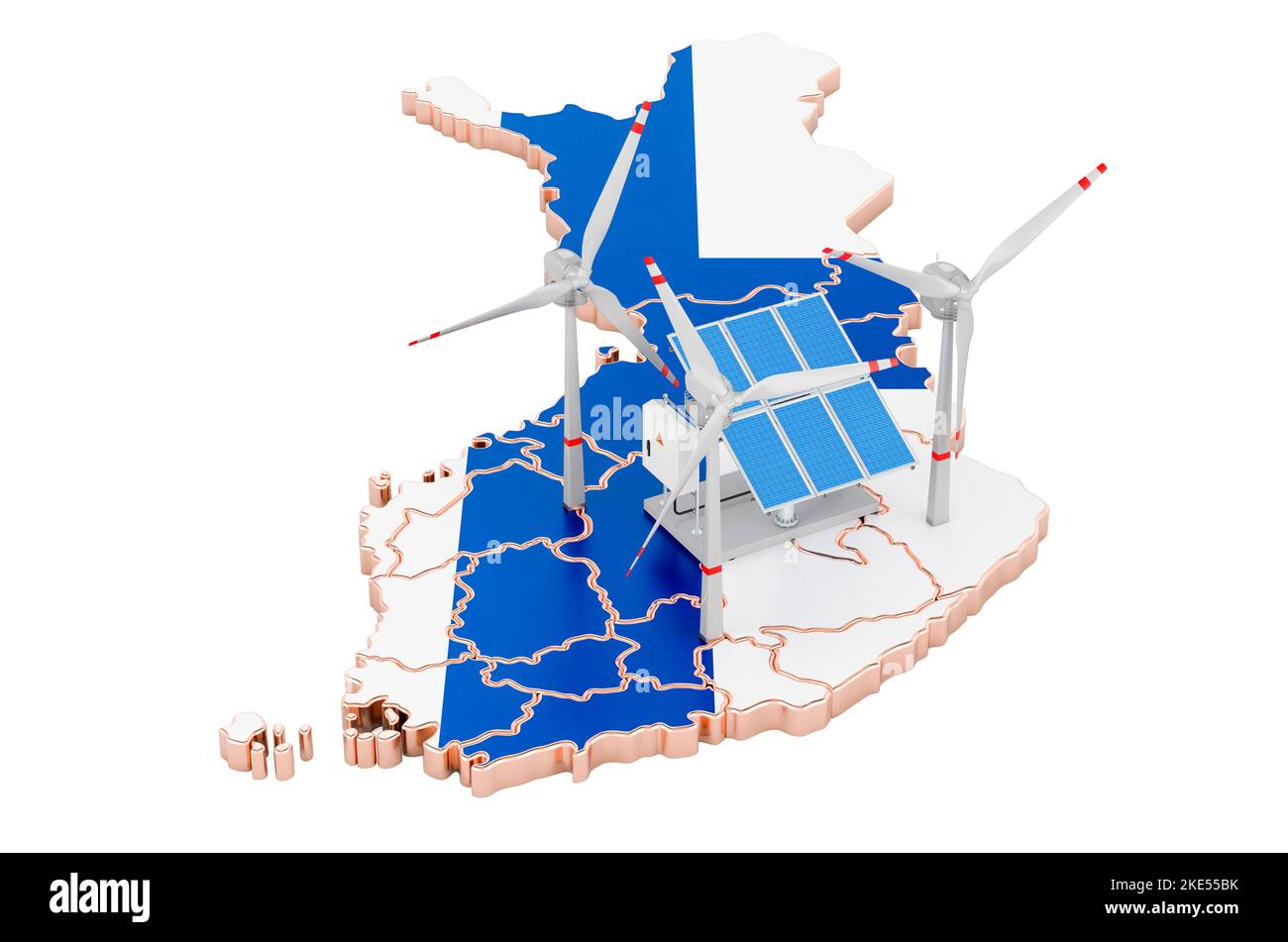 Erneuerbare Energien und nachhaltige Entwicklung in Finnland, Konzept. 3D Darstellung isoliert auf weißem Hintergrund Stockfoto