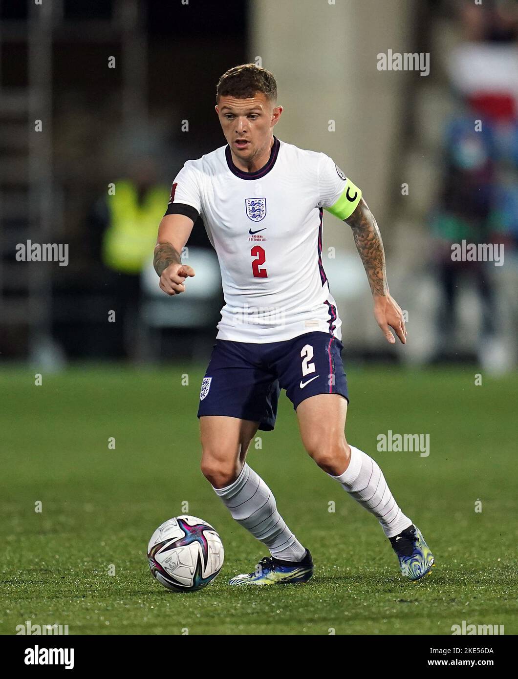 Aktenfoto vom 09-10-2021 von Englands Kieran Trippier. England hat seine Mannschaft für die Weltmeisterschaft 2022 benannt. 11 Tage vor Beginn der Kampagne der drei Löwen gegen den Iran hat der ehemalige Verteidiger die 26-Mann-Gruppe bestätigt, die nächste Woche in den Golf reisen wird.Ausgabedatum: Donnerstag, 10. November 2022. Stockfoto