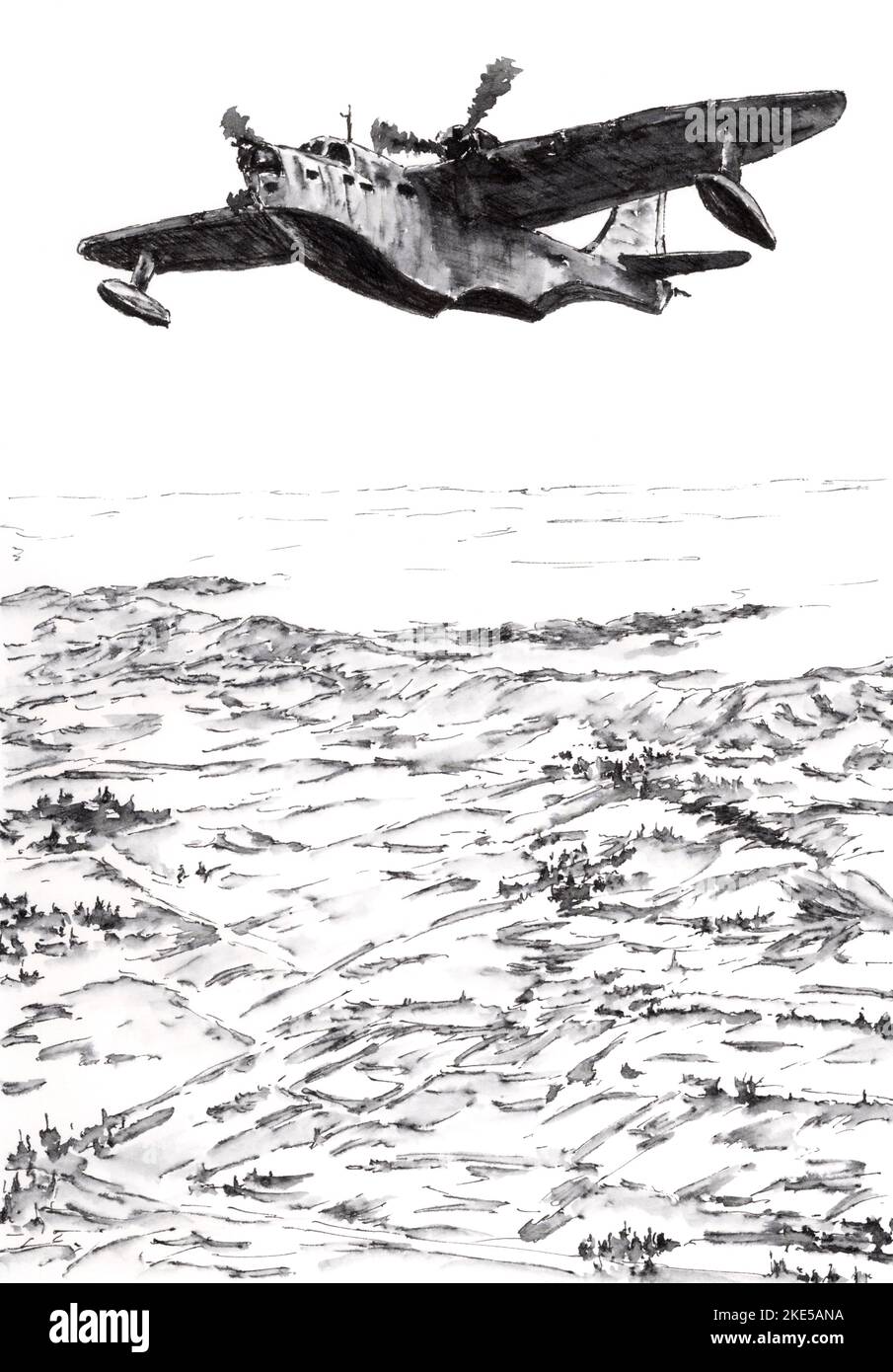 Zweimotorige Militärflugboote über die Küste. Tinte auf Papier. Stockfoto