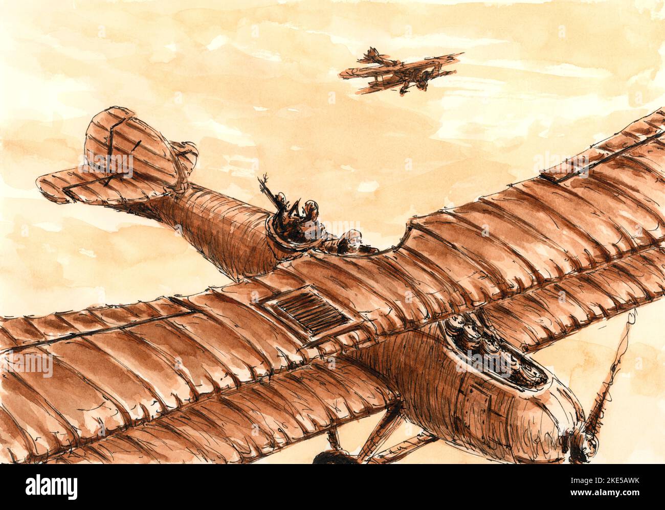 Antiker Doppeldecker im Flug. Tinte und Aquarell auf Papier. Stockfoto