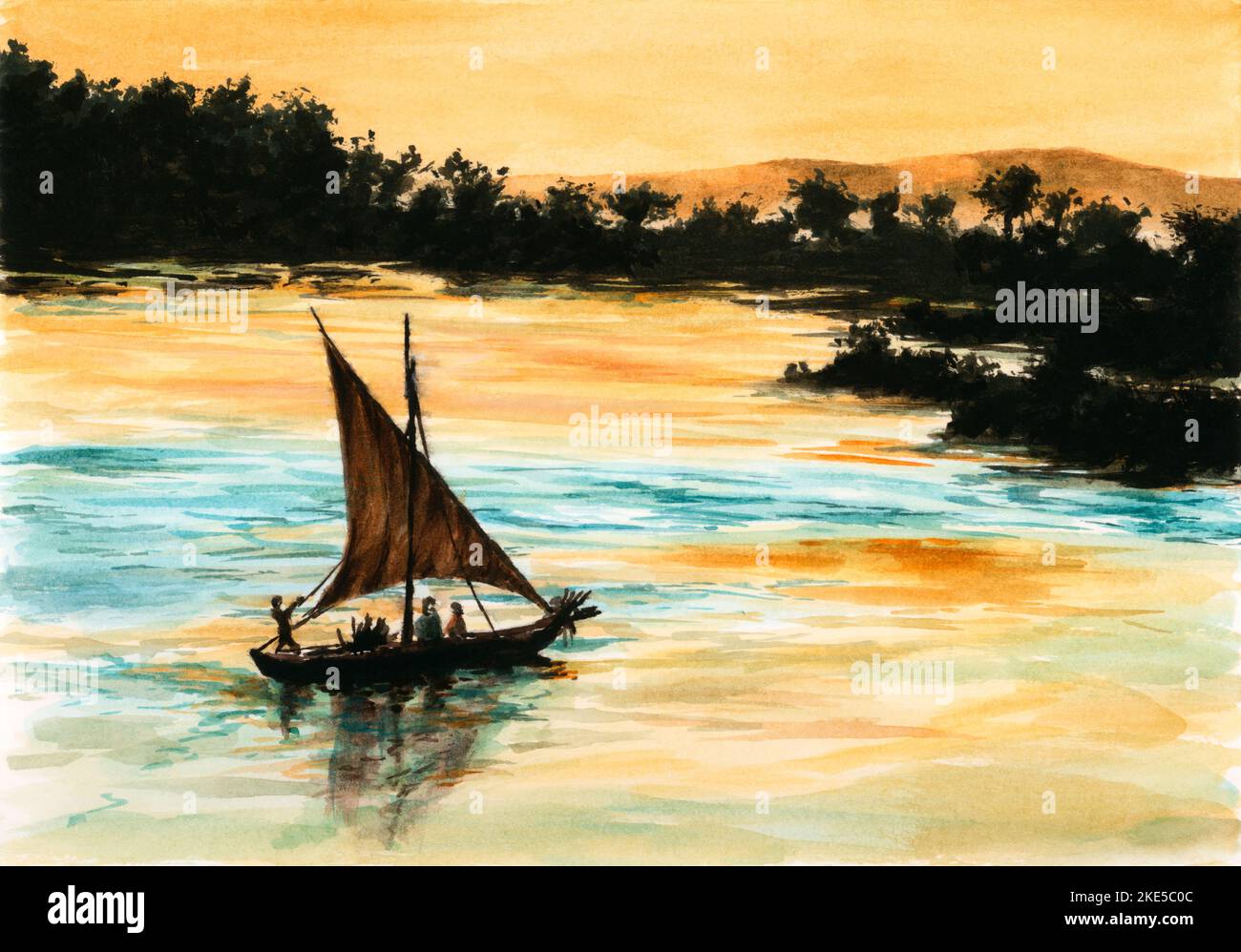 Kleines Segelboot auf dem Fluss. Aquarell auf Papier. Stockfoto
