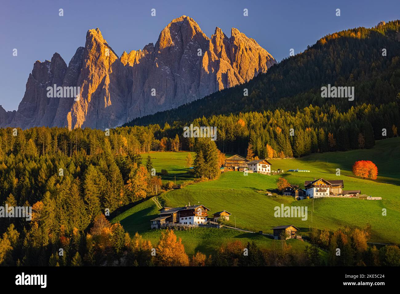 Ein Abend im Val di Funes mit herbstlichen Farben vor den Geisler oder Geisler Dolomiten Berggipfeln, in der italienischen Provinz Südtirol im Stockfoto
