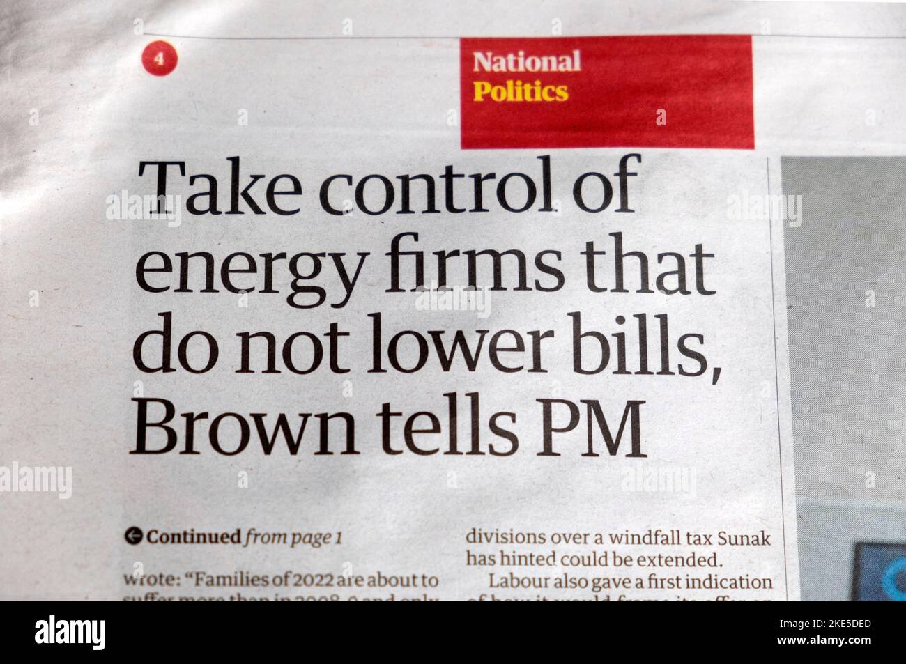 „Übernimm die Kontrolle über Energieunternehmen, die die Rechnungen nicht senken, (Gordon) Brown gegenüber dem Premierminister“ Headline der Zeitung Guardian 11. August 2022 London England Großbritannien Großbritannien Stockfoto