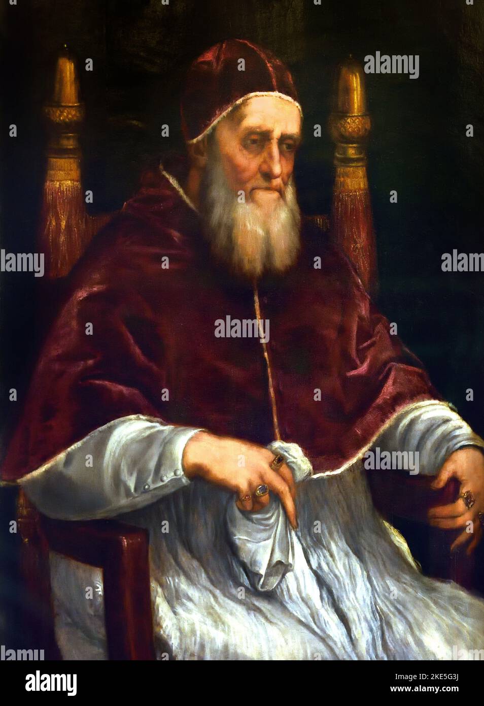 Porträt von Papst Julius II. Von Tizian, (Pieve di Cadore 1488/90 - Venedig 1576),Palazzo Pitti Florenz, Italien, Italienisch. Stockfoto