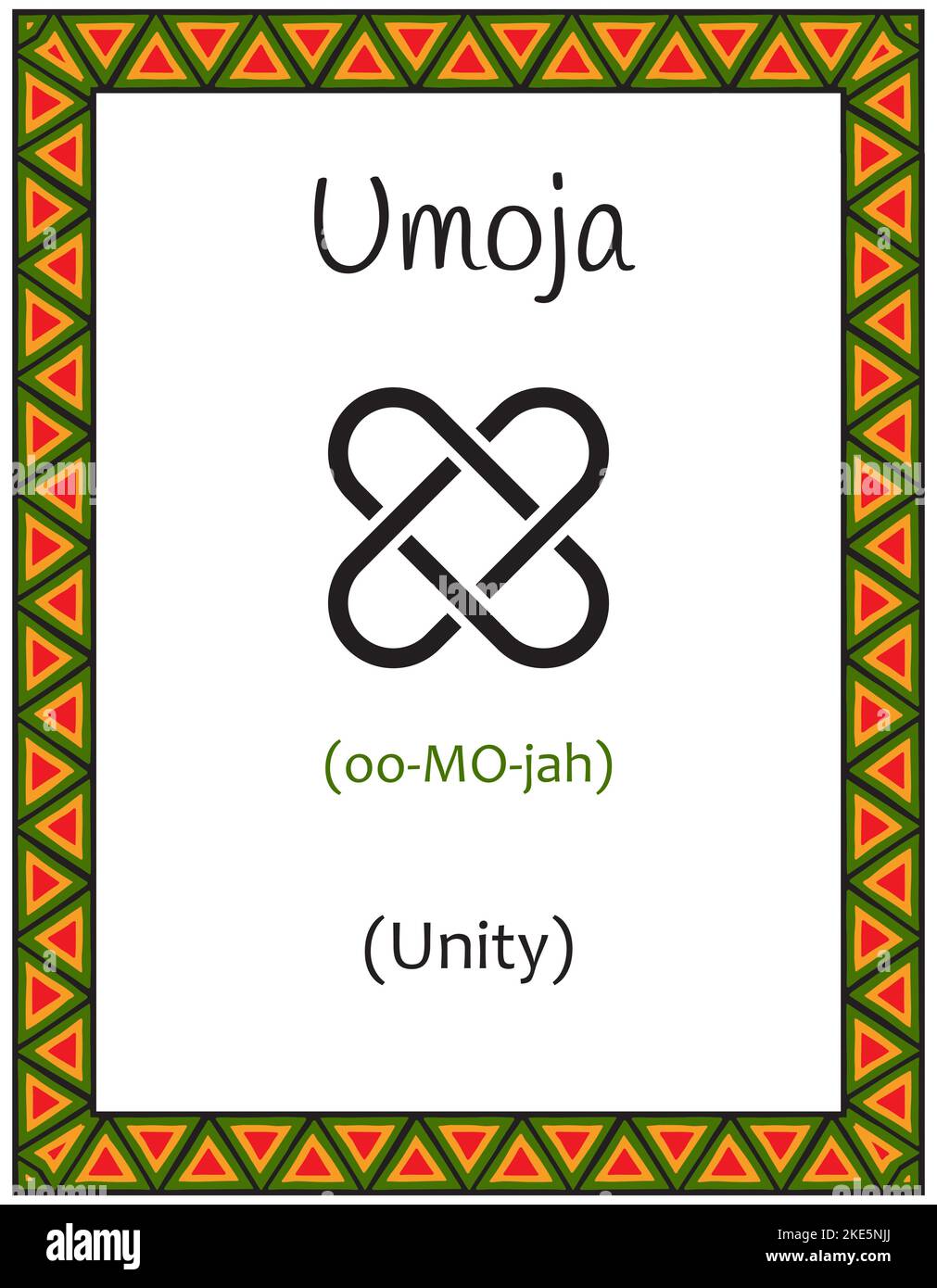 Eine Karte mit einem der Kwanzaa-Prinzipien. Symbol Umoja bedeutet Einheit in Suaheli. Poster mit Schild und Beschreibung. Ethnisch-afrikanisches Muster in Traditiona Stock Vektor