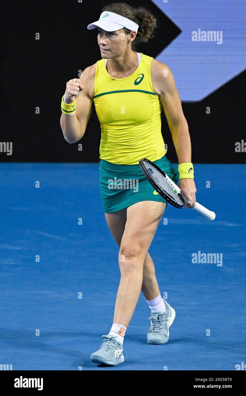 Glasgow, Schottland,10. November 2022. Die Australierin Samantha Stosur, die während eines Doppel-Tennisspiels zwischen dem belgischen Paar Flipkens - Bonaventure und dem australischen Paar Sanders - Stosur in der Gruppenphase des Billie Jean King Cup Finals Tennis in Glasgow im Einsatz ist, Schottland am Donnerstag, den 10. November 2022. Der internationale Mannschaftswettbewerb der Frauen findet vom 8. Bis 13. November 2022 statt. BELGA FOTO LAURIE DIEFFEMBACQ Stockfoto