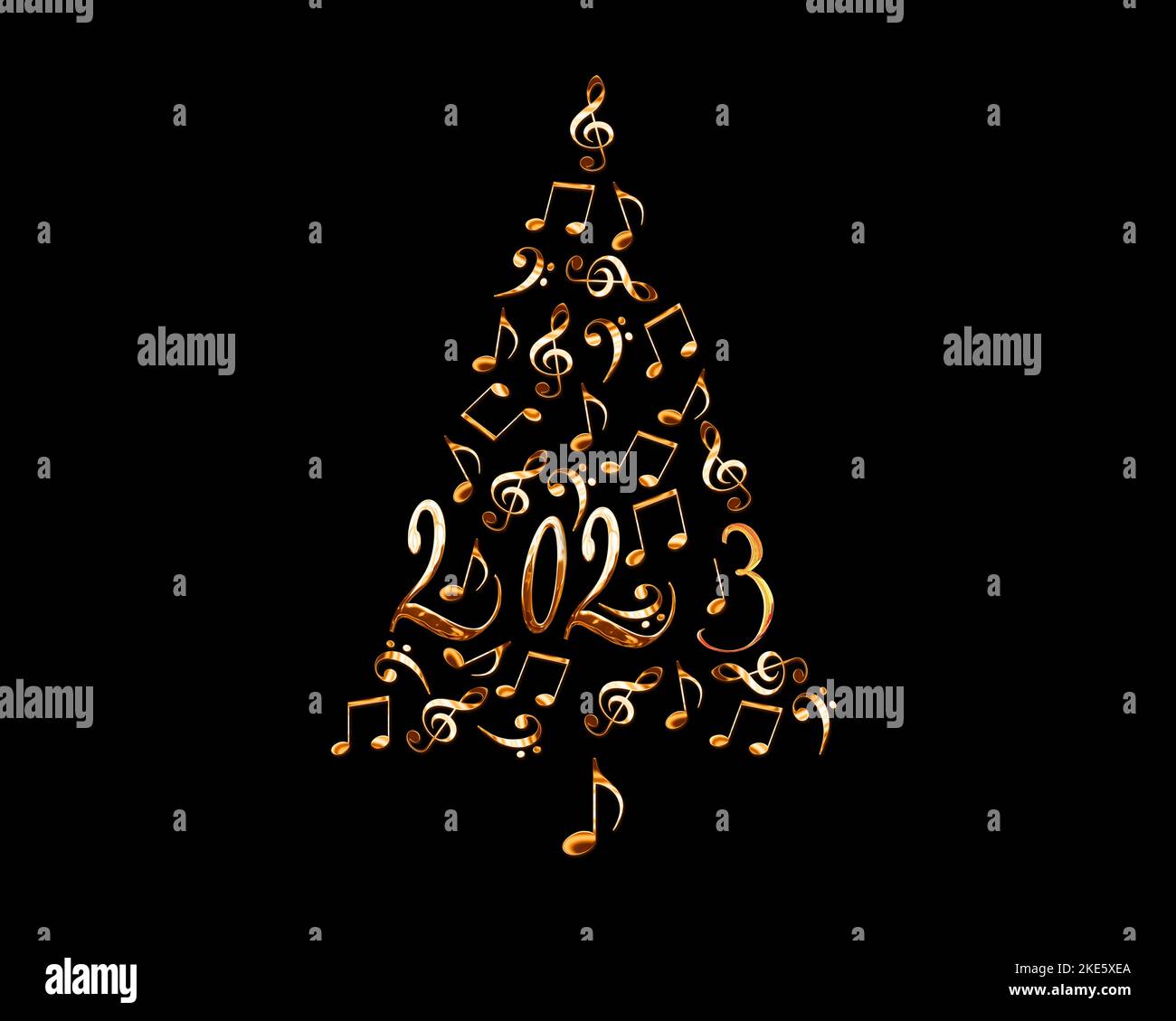 2023 weihnachtsbaum mit goldenen Metallnoten isoliert auf schwarzem Hintergrund, Musik-Neujahr-Karte Stockfoto