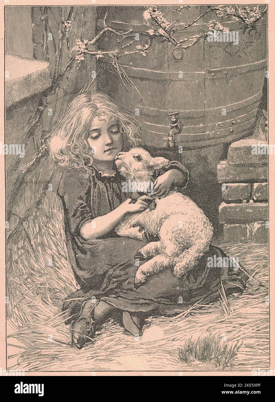 Schwarz-Weiß-antike Illustration zeigt ein kleines Mädchen, das ein winziges Lamm umstellt. Vintage Marvelous Illustration zeigt ein kleines Mädchen, das ein winziges Lamm kadelt. Altes fabelhaftes Bild aus dem Märchenbuch. Storybook Illustration veröffentlicht 1910. Ein Märchen, Märchen, Wundermärchen, Zaubermärchen, Märchen oder Marchen ist eine Instanz des Folklore-Genres, das die Form einer Kurzgeschichte annimmt. Solche Geschichten zeigen in der Regel mythische Wesen wie Zwerge, Drachen, Elfen, Feen und Peris, Riesen, Divs, Gnome, Kobolde, Greifen, Meerjungfrauen, Sprechende Tiere, Trolle, Einhörner oder Hexen, und in der Regel Magie oder Enchantm Stockfoto