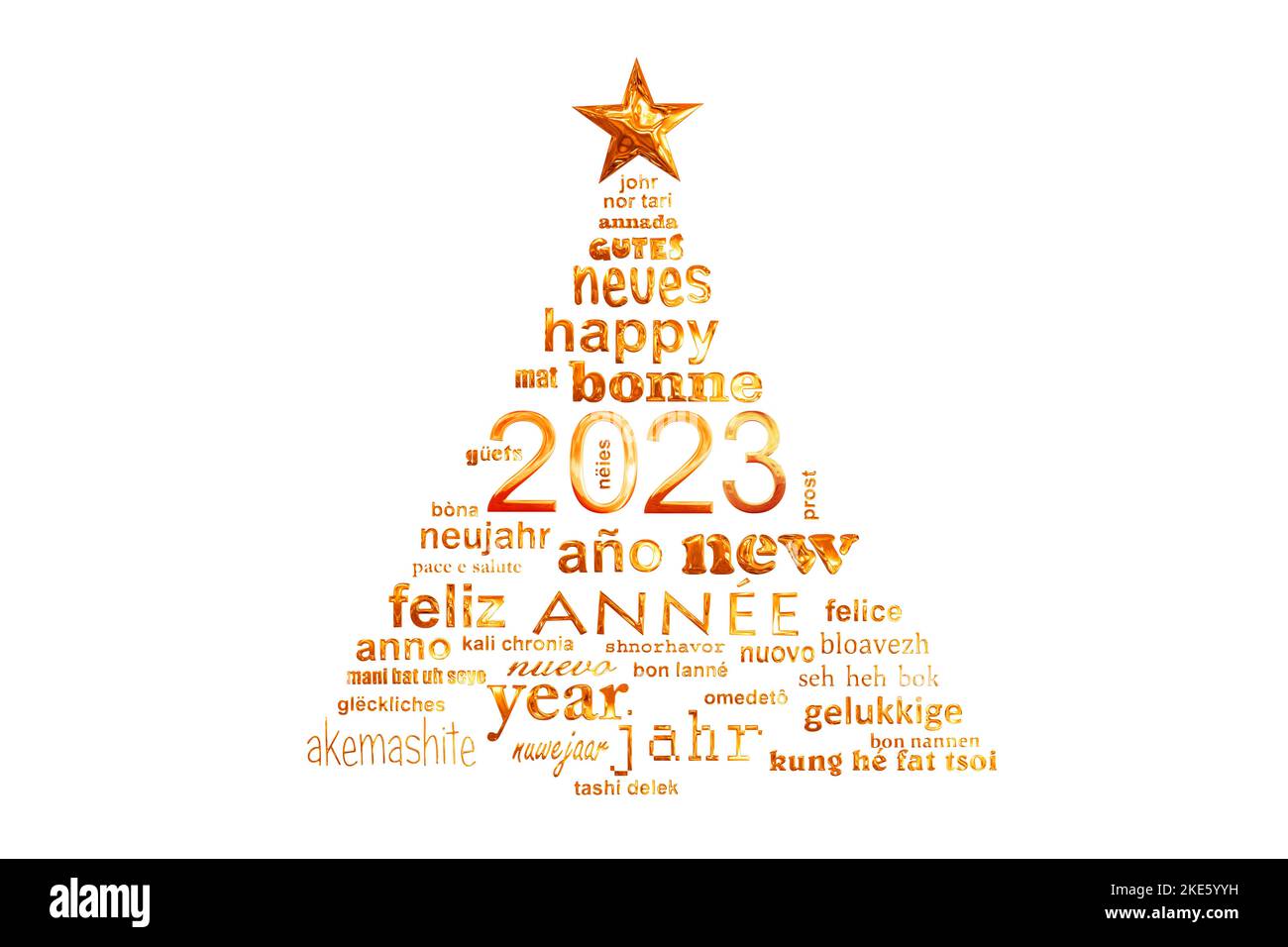 2023 Neujahr mehrsprachige Textwort Wolke Grußkarte in Form eines weihnachtsbaums Stockfoto