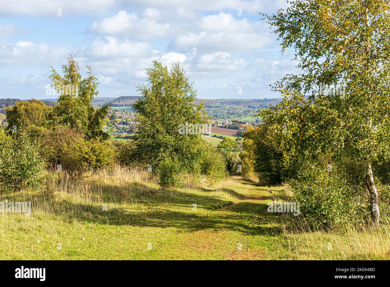 Ein Blick auf Painswick vom Cotswold Way National Trail Fernwanderweg im Herbst über Rudge Hill, Edge Common, Gloucestershire UK Stockfoto