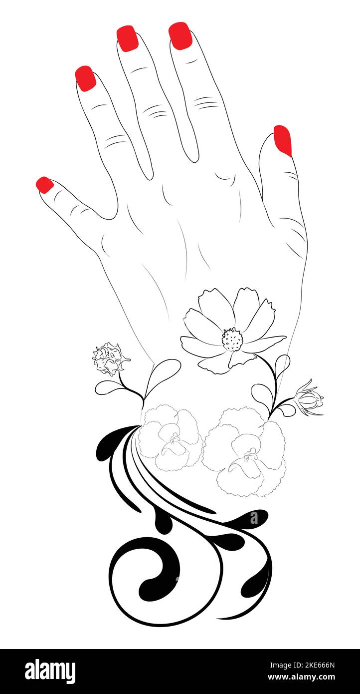 Weibliche Hand mit rotem Nagellack und Blume Linie Kunst Illustration. Stock Vektor