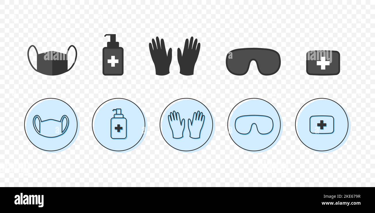 Persönliche Schutzausrüstung. Schützen Sie sich vor Viren. Medizinische Maske, Latexhandschuhe, Seife, Spender, Schutzbrille. Schutzzubehör. Ve Stock Vektor