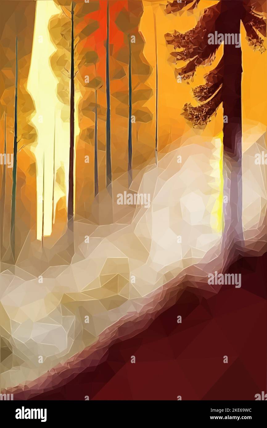 Feuer in einem Wald. Die Baumstämme brennen und die Feuchtigkeit der Bäume erzeugt eine Rauchwolke auf dem Boden. Abstrakter Vektor Low-Poly-Art Stock Vektor
