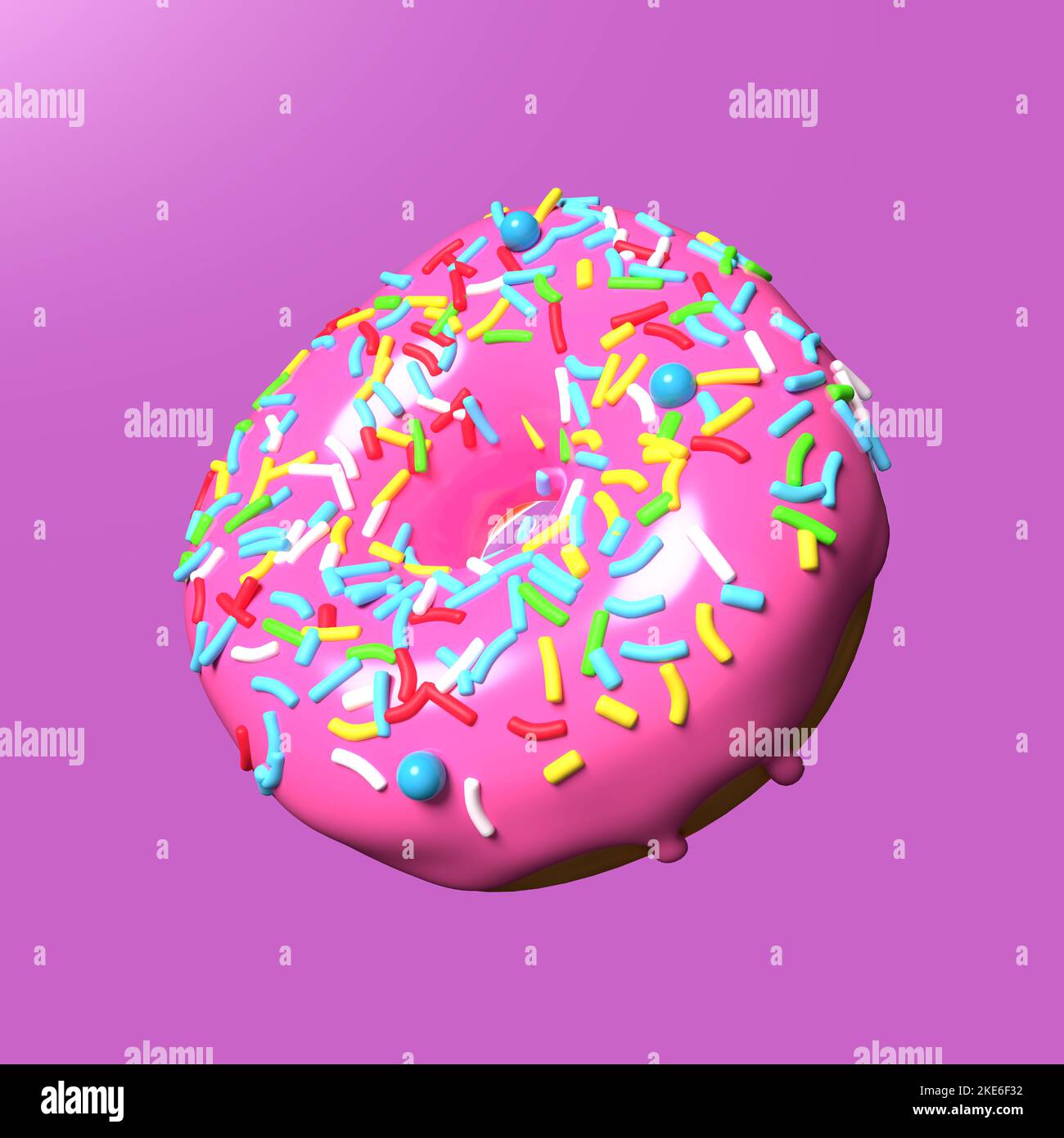 Donut Illustration mit rosa Verglasung und streut auf lila Hintergrund mit glitzernden. Pastellfarben. Stockfoto