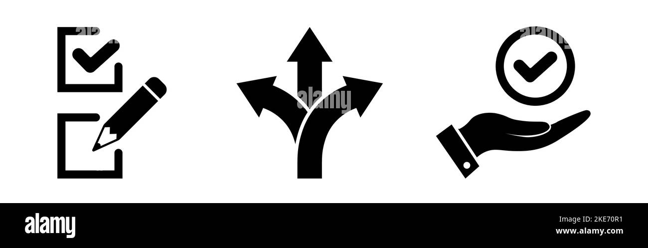Schwarzes Wahlsymbol in flachem Design. Dreiseitiges oder dreiseitiges Symbol auf weißem Hintergrund. Zugelassenes schwarzes Schild. Fragebogen- oder Umfragesymbol. Vecto Stock Vektor
