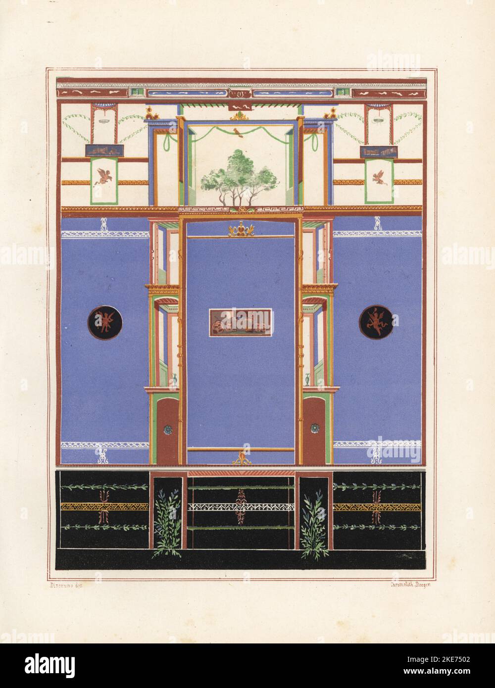 Wandmalerei im dritten Stil, ornamental, aus einem nicht identifizierten Haus in Pompeji. Mit Gemälden von Theatermasken und Göttern auf blauem Grund, Girlanden und Girlanden darüber. Illustration gezeichnet von Geremia Discanner und lithographiert von Victor Steeger aus Emile Presuhns Choix des plus Belles et Interessantes Peintures de Pompei, Auswahl der schönsten und interessantesten Gemälde in Pompeji, Weigel, Leipzig, 1882. Der deutsche Archäologe Presuhn (1844-1881) lebte acht Jahre lang in Italien und machte zusammen mit Herrn Discinno exakte Kopien von vielen Wandgemälden, die heute verloren gehen. Stockfoto