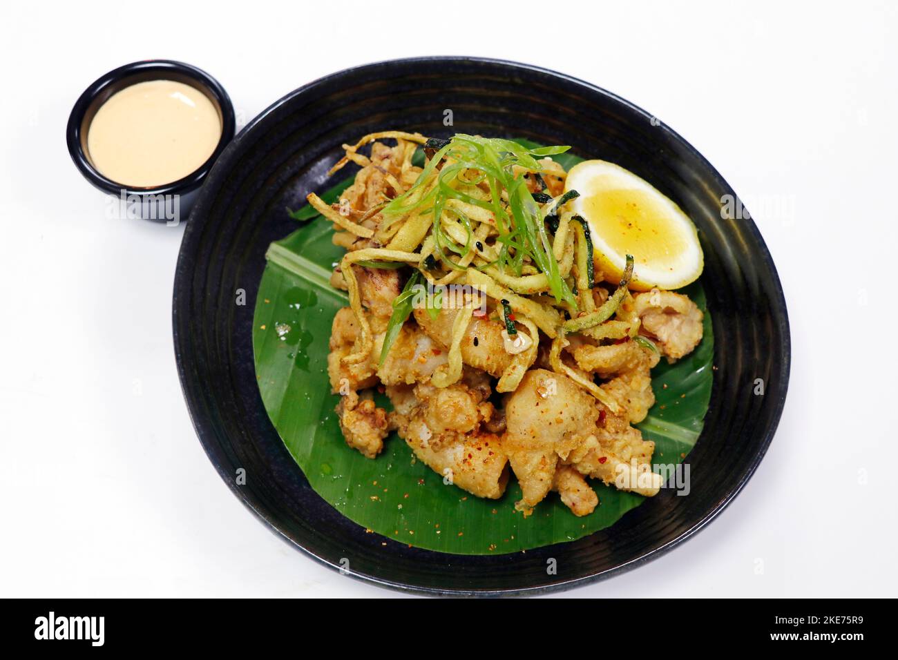 Knusprig gebratener Tintenfisch oder Calamari auf einem Teller mit weißem Hintergrund Stockfoto