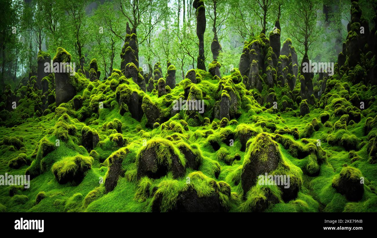 Moos verdeckte Felsen in einem wunderschönen üppigen Wald Stockfoto