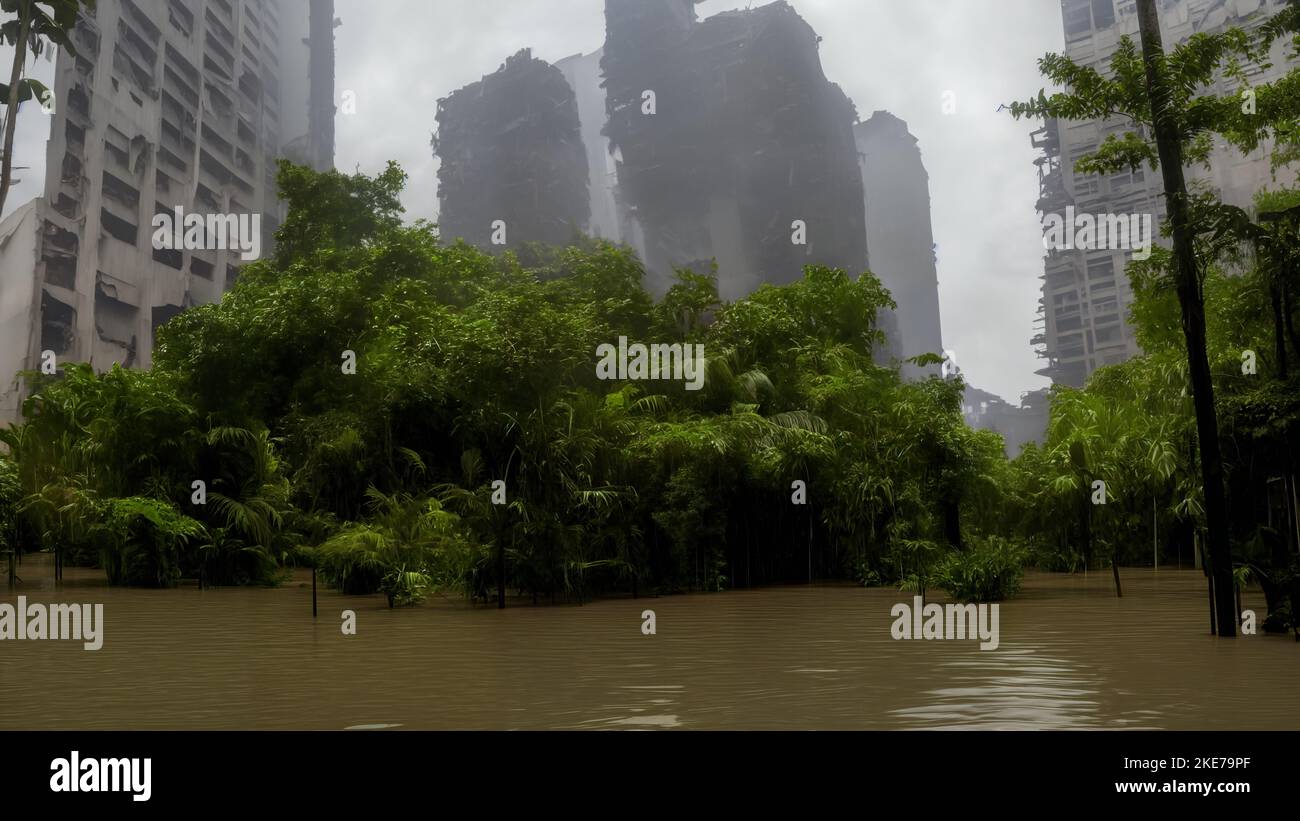 Zerstörte Gebäude in einer post-apokalyptischen Stadt, überwuchert und überflutet Stadtbild Stockfoto