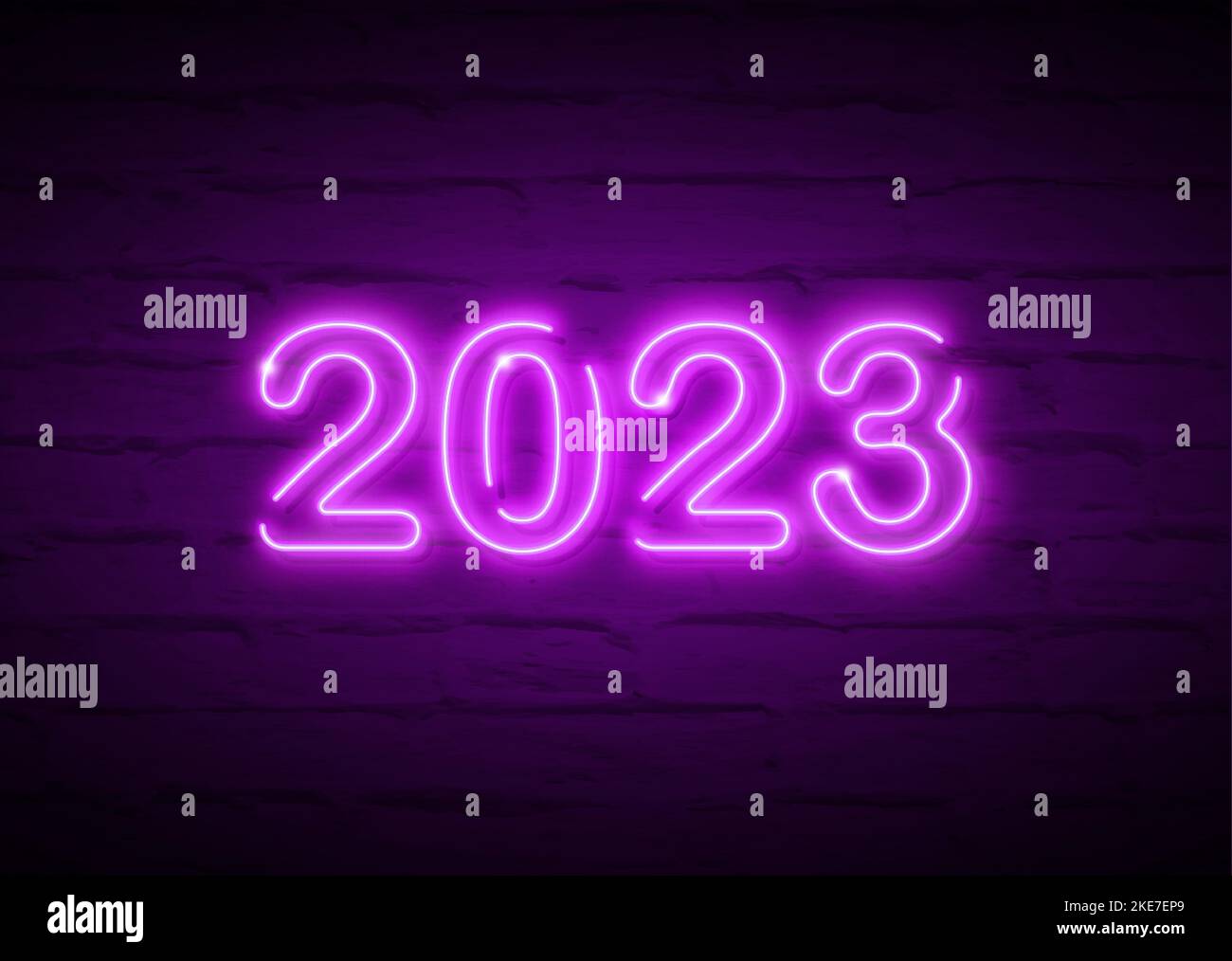 2023 Neujahr leuchtendes rosa Neon-Schild auf purpurfarbener Ziegelwand. Vektor-Illustration Happy New Year Neon realistische Zeichen Banner, Saison Mode-Design Stock Vektor