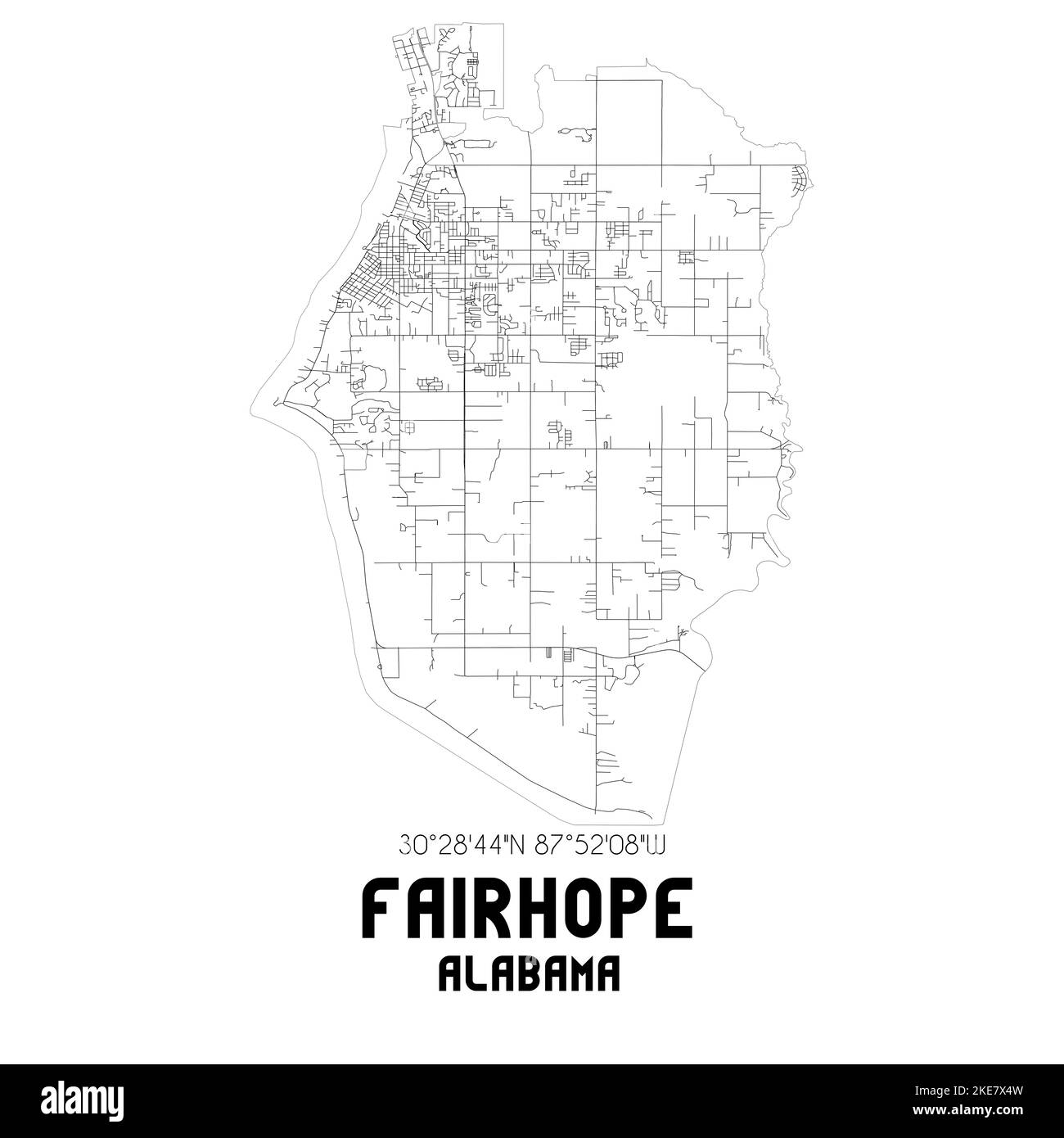 Schwarz-Weiß-Postleitkartenkarte von Fairhope, Alabama, USA 36532 – eine minimalistische Straßen- und Stadtkarte als Wandkunst, für Kartografie und Druckdeko. Stockfoto