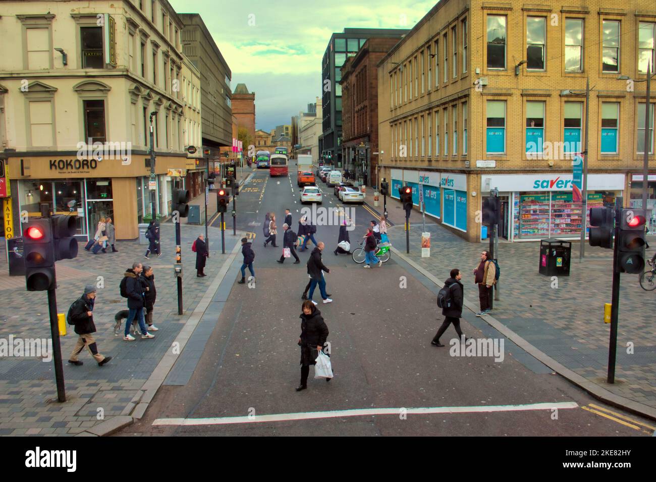 Die am meisten mit Kohlenmonoxid verschmutzte Straße in der Stadt Hope Street Glasgow, Schottland, Großbritannien Stockfoto