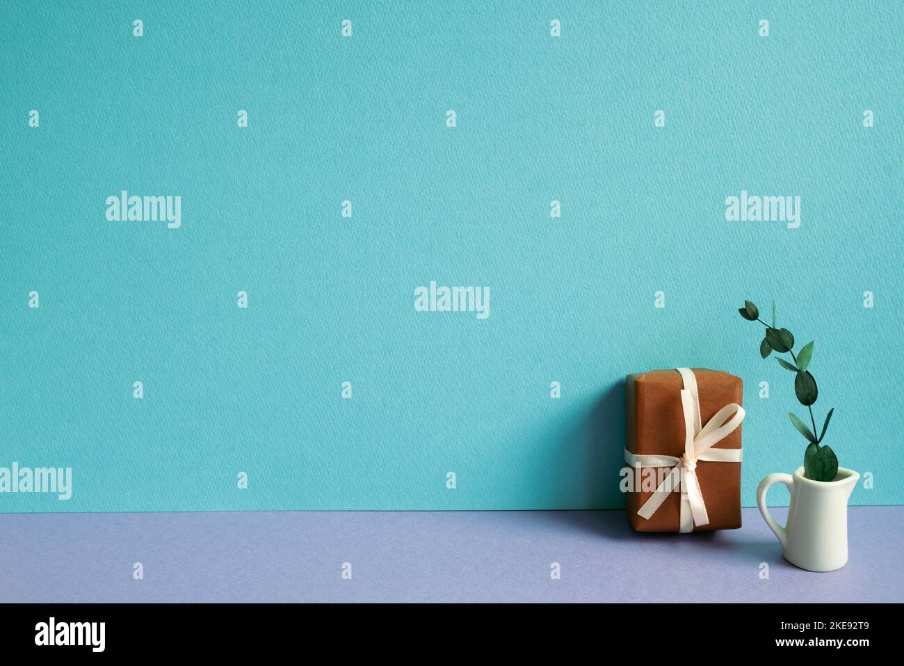 Geschenkbox und grüne Pflanze auf violettem Tisch. Blauer Hintergrund Stockfoto