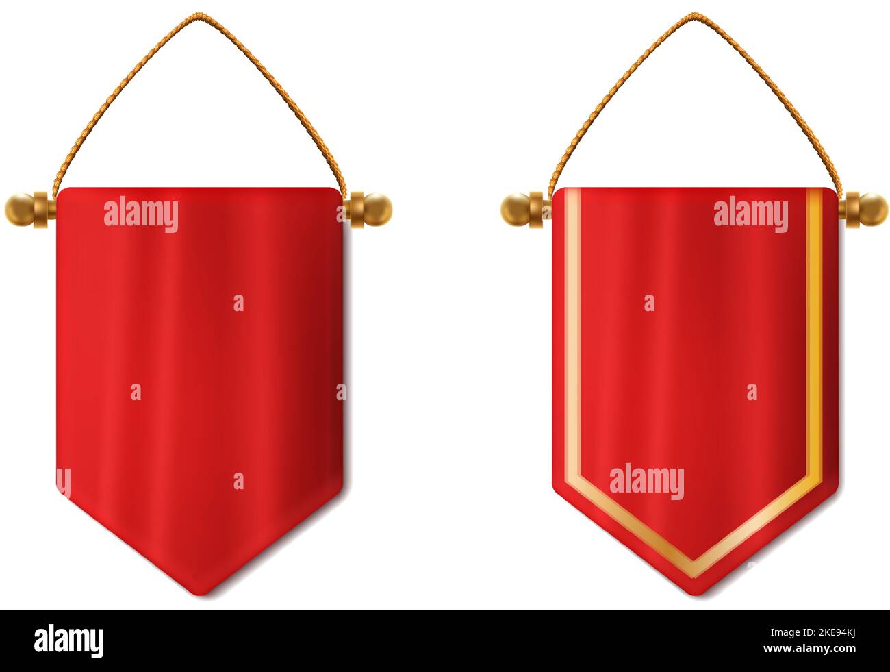 3D realistisches Vektor-Icon-Set. Rote Hängelampe mit und ohne goldene, hängende Banner-Fahne. Stock Vektor